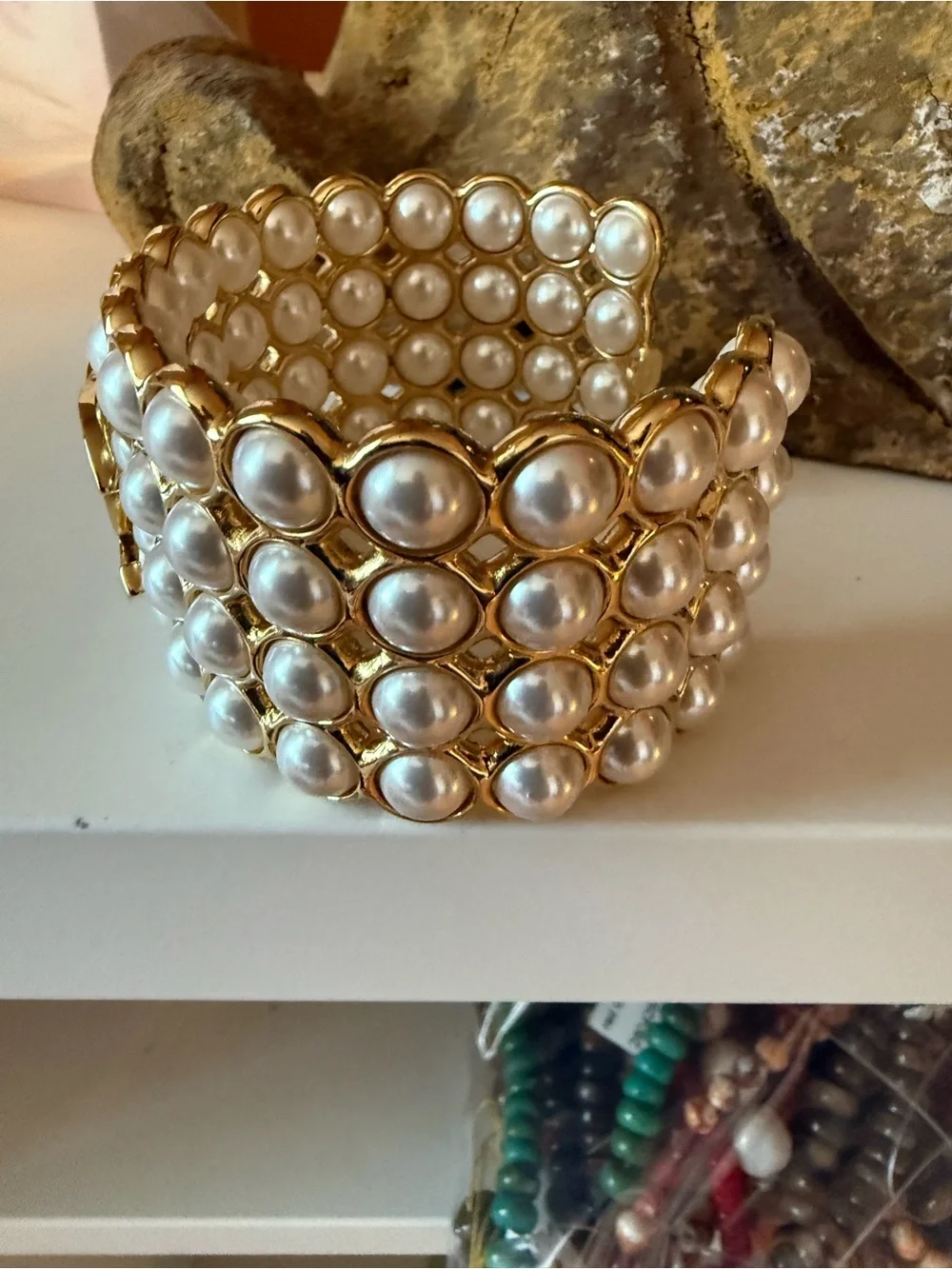 CHANEL Gold-Tone Pearl Multirow Cuff Bracelet
